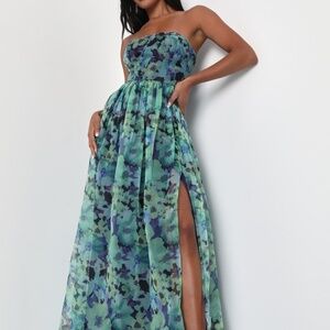Green Floral Print Strapless Bustier Maxi Dress